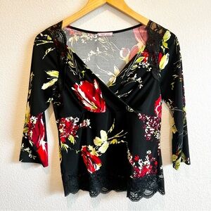 Babydoll Blouse Black Colorful Flowers Lace Stretch Top Whimsy Y2K Fairy Medium